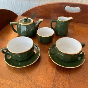 🫖 APILCO FRANCE gold + green tea set w teapot, cups, saucers, creamer, sugar ✨
